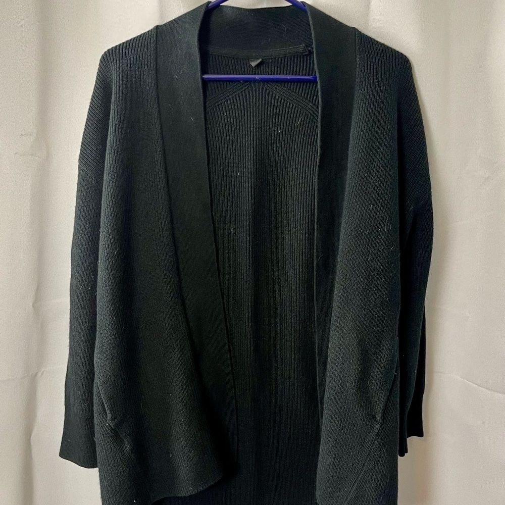 Lululemon Size 2 (med) black ribbed knit open wool blend cardigan cozy Cabinco… - Picture 3 of 8